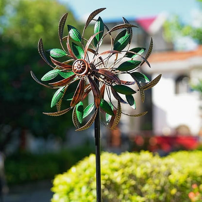 DREAMYSOUL Wind Spinners Outdoor, 360 Degree Rotation Double Layer Metal Kinetic Wind Spinner, Wind Sculpture with Green Leaves Blades for Yard and Garden Lawn Decor