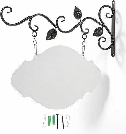 Hanging Sign Bracket with Blank Board, Wrought Iron Wall Hanger DIY Double-sided Signs Outdoor Wreath Hanger Flower Pot Brackets for Outdoor Business, Classroom Door, Home Farmhouse Decor