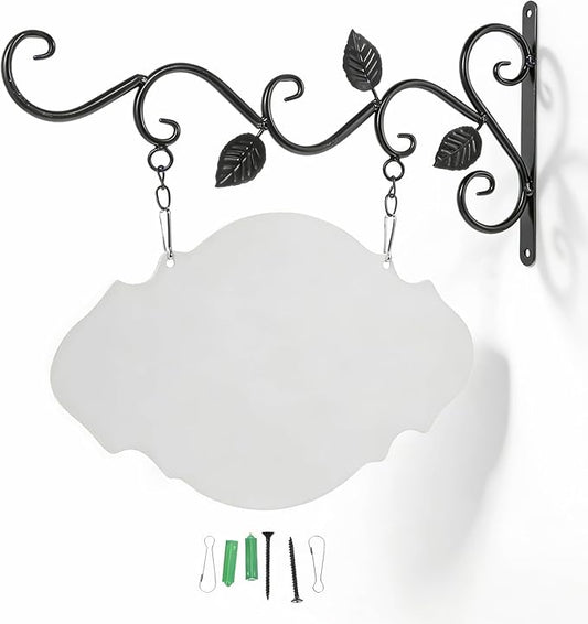 Hanging Sign Bracket with Blank Board, Wrought Iron Wall Hanger DIY Double-sided Signs Outdoor Wreath Hanger Flower Pot Brackets for Outdoor Business, Classroom Door, Home Farmhouse Decor