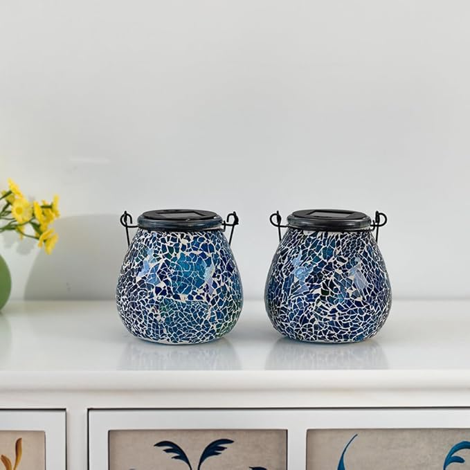 Stargarden 4 Pack Mosaic Solar Lantern ,Outdoor Hanging Waterproof Mosaic Light Solar Table Lamp for Garden ,Patio,Yard Decor (Blue )