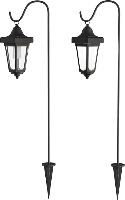 Set of 2 Solar Lanterns - Waterproof Hanging Coach LED Lights with Shepherd Hooks for Mounting - Garden Decor for Outside by Pure Garden (Black)