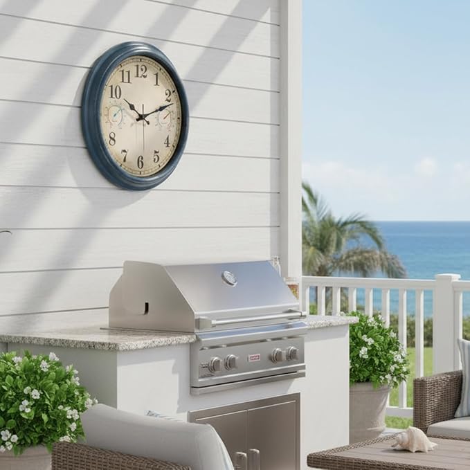 Large Outdoor Clock with Thermometer & Hygrometer Combo, 16 Inch Vintage Blue Coastal Decor Waterproof Indoor Outdoor Wall Clocks for Patio, Pool, Garden, Backyard