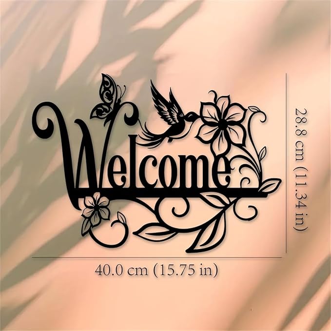 Welcome Sign Metal Wall Decor - Cursive Lettering with Floral Motifs, Vintage Outdoor Garden Art for Porch, Patio & Entryway - Durable Iron Construction - 15.75x11.34 Inch