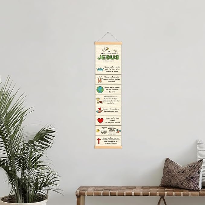 Bible Verse Canvas Banner, The Beatitudes of Jesus Banner, Christian Canvas Poster, Rustic Hanging Poster for Wall Decoration, Family Hanging of Scripture and Words Decorations 02