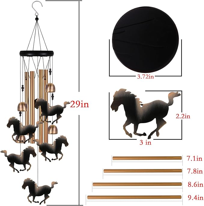 Outdoor Bronze Horse Wind Chimes Decoration, Gifts for Mom, Home, Garden, Balconies, Rooms, Patio, Indoor, Horse Chimes, 4 Aluminum Tubes 5 Horses Wind Chime, Horse Wind Catcher, Horse Wind Bell Gift