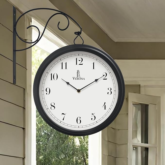 Large Metal Double Sided Wall Clock 13.4" - Decorative Indoor Outdoor Double Sided Clock - Easy to Read, Hanging Train Station Style for Patio, Garden, Office - Antique Style Outside Corner Wall Decor
