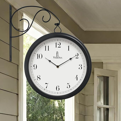 Large Metal Double Sided Wall Clock 13.4" - Decorative Indoor Outdoor Double Sided Clock - Easy to Read, Hanging Train Station Style for Patio, Garden, Office - Antique Style Outside Corner Wall Decor