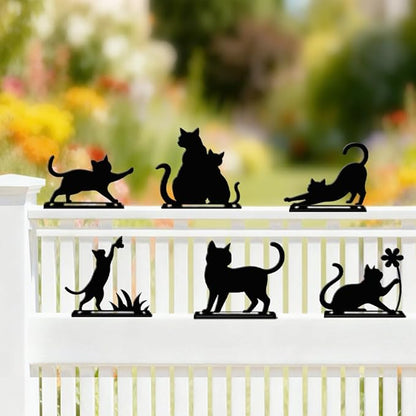 6 Pcs Black Cats Fence Decor, Outdoor Garden Metal Kitty Silhouette Decoration, Metal Art Ornament for Yard, Double-Side Design