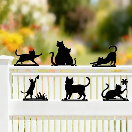 6 Pcs Black Cats Fence Decor, Outdoor Garden Metal Kitty Silhouette Decoration, Metal Art Ornament for Yard, Double-Side Design