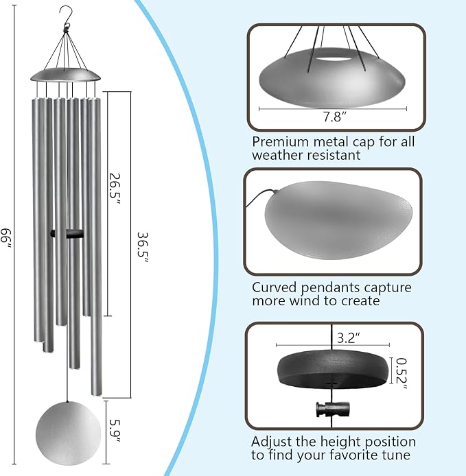 66" Wind Chimes for Outside Deep Tone - 6 Thicken Tubes Large Wind Chimes for Outdoor, Gifts for Valentines Day, Women, Mom, Grandma, Sympathy, Big Windchimes for Garden and Patio (Antique Silver)
