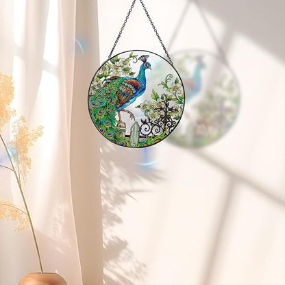 Zayookey Stained Glass Suncatchers Peacock Art Window Hangings Panel Colorful Hand Painted Suncatcher for Outdoor Garden Indoor Window Wall Decor