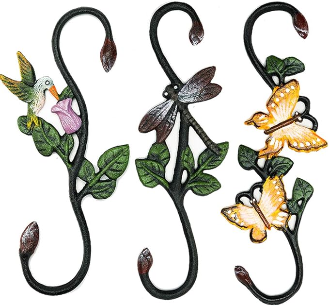 Sungmor Cast Iron Garden Hook Set, 11 Inch S Hook for Hanging, Decorative Flower Pot Hanger, Indoor/Outdoor Large Strong Ceiling Hooks for Macrame, Wind Chime, Bird Feeder