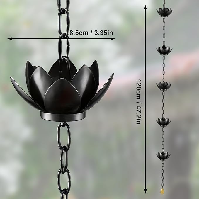 Upriver Lotus Rain Chain,3.93ft Black Iron Rain Chains for Gutters,Rust Resistant Rain Catchers for Divert Water and Indoor,Outdoor Decoration