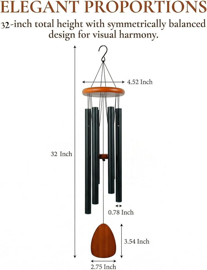 32 Inch Large Wind Chimes for Outside, Deep Tone Black Aluminum Wind Chime with 6 Tubes, Memorial Sympathy Gift for Mom, Garden Patio Outdoor Decor, DIY Personalizable Windchime