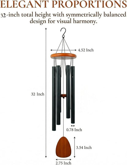32 Inch Large Wind Chimes for Outside, Deep Tone Black Aluminum Wind Chime with 6 Tubes, Memorial Sympathy Gift for Mom, Garden Patio Outdoor Decor, DIY Personalizable Windchime
