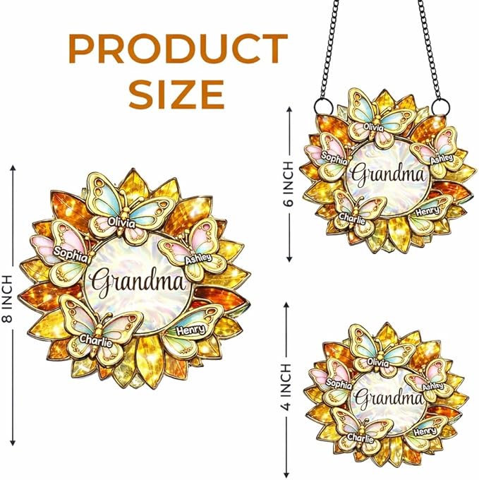 Personalized Grandma Mom Sunflower Butterfly Acrylic Sun Catcher Ornament, Custom Grandma Gifts for Mothers Day, Nana Gift from Grandkids, Custom Family Window Hanging Home Decor