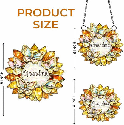 Personalized Grandma Mom Sunflower Butterfly Acrylic Sun Catcher Ornament, Custom Grandma Gifts for Mothers Day, Nana Gift from Grandkids, Custom Family Window Hanging Home Decor