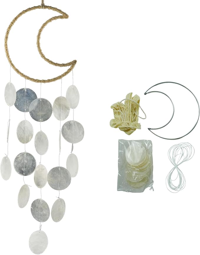 Wind Chimes for Home Decor-DIY Wind Chime Parts with Round Capiz Shells Metal Hoops Moon Shaped Fishing Line Twine String Ribbon,Gifts for Women Mom(White)