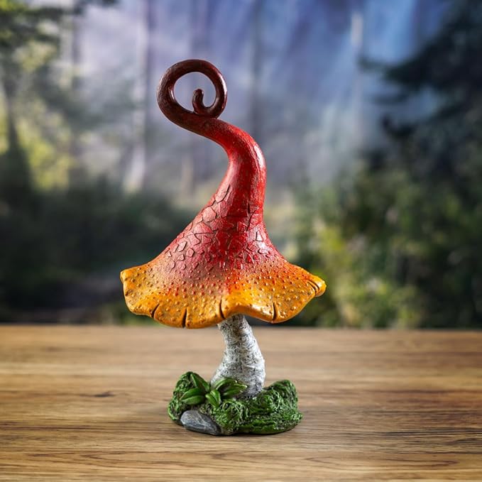 Pacific Giftware Whimsical Garden Toadstool Mushroom Statue with Curled Red and Orange Cap Resin Decor with Etched Texture for Fantasy Garden and Fairy Landscaping 9.06" Tall