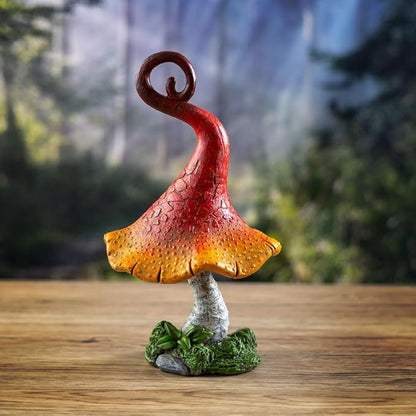 Pacific Giftware Whimsical Garden Toadstool Mushroom Statue with Curled Red and Orange Cap Resin Decor with Etched Texture for Fantasy Garden and Fairy Landscaping 9.06" Tall