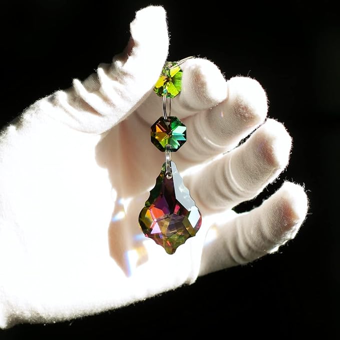 20pcs Chandelier Crystals Maple Leaf Prism Pendant Parts Connected Glass Octagon Beads Chain for Chandelier Decoration 38mm (Rainbow)