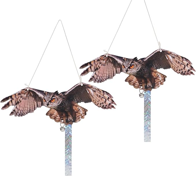 Plastic Owl, 2Pack Fake Owls, Reflective Owl Hanging Decoration, Barn Swallow Deterrent Dual-Side Printed Raster Fake Hawk Eagle for Garden Patio Windows