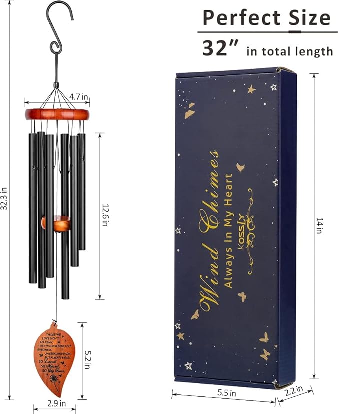 Sympathy Wind Chimes,32" Memorial Wind Chimes for Loss of Loved One, Sympathy Grief Memorial Bereavement Gift,in Memory of Loved One Loss of Mother Father，Home Decor Garden Patio Outdoor-Black