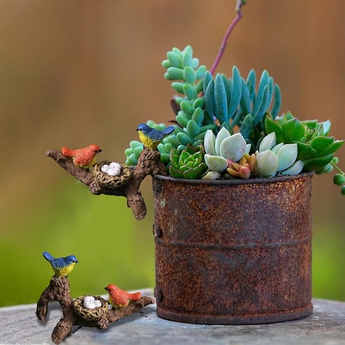 Birds Perched on Branches Flower Pot Hugger Figurines Mini Resin Birds Fish Tank Hanging Decoration Aquarium Ornament for Bonsai Planter Terrarium Garden Decor (Bird)