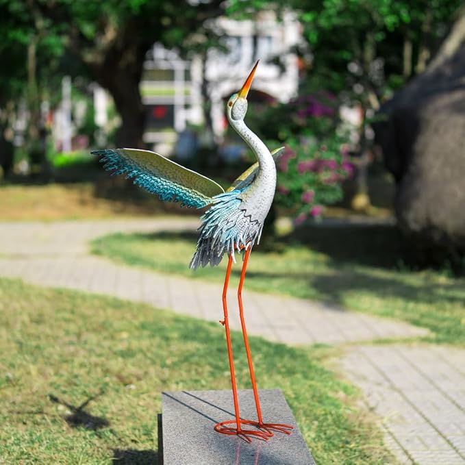 40" Metal Crane Garden Statue with Solar Light, Large Outdoor Heron Sculpture,Rust-Proof Garden Sculptures & Statues,Yard Art for Patio & Backyard