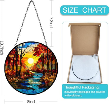 Sunrise Tree and River Landscape Stained Glass Suncatcher for Window Hanging - Handmade Mountains Sun Catchers Diamond Art Stain Glass Panel - Mother's Day Birthday Gift for Mom Grandma Nature Lovers