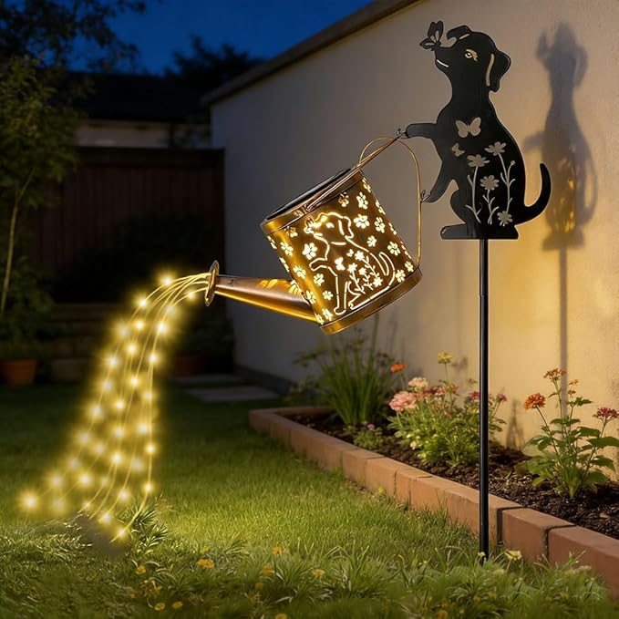 Outdoor Dog Statue Solar Watering Can with Lights, Complete with Netal Dog Silhouette Garden Stake. Ldeal for Garden, Lawn and Courtyard Decoration, A Unique Gift for Mothers and Women.