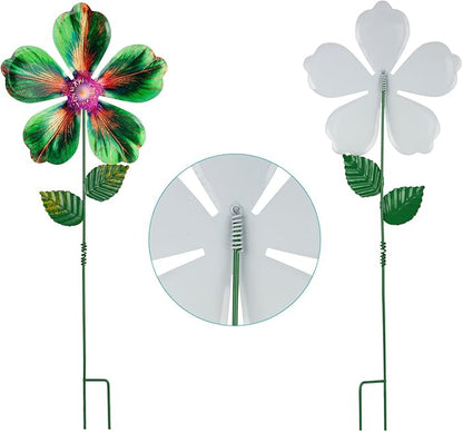 Metal Flowers Garden Stakes Outdoor Decor, 17 inch Shaking Flower Garden Yard Art, Weather Proof Flower Stakes for Yard Lawn Porch Pathway Patio Plant Pot Decorations, 4 Pack (Flower-a-Head)
