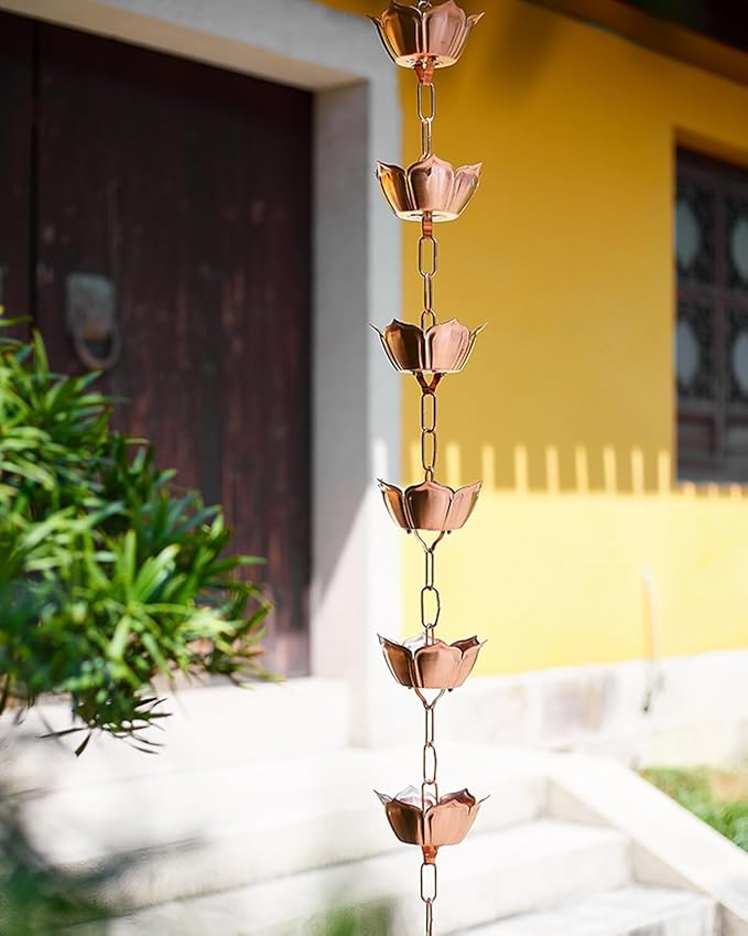 Elegant Copper Rain Chain Large Cup, Replacement Downspout for Gutters, Outside Rainwater Catcher Diverter for Villa/Deck/Pergola (Style E 2.4m (8ft))