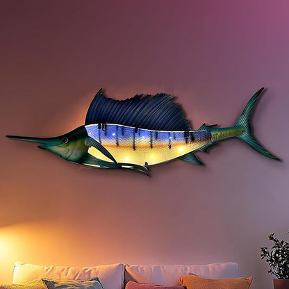 LIFFY Metal Fish Wall Art,36" Large Sailfish Wall Decor with Led Lights,Indoor Outdoor Mounted Tropical Swordfish Hanging Decorations for Home Living Room Bedroom Garden Patio