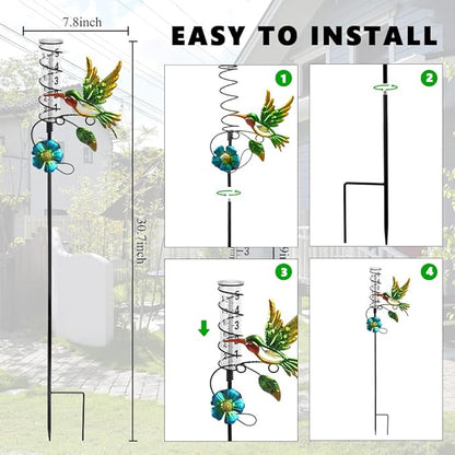 2PS Hummingbird Rain Gauge Outdoor,Solar Powered LED Lights Decorative Rain Gauge with 5 Inch Glass Tube for Yard,Garden,Patio,Lawn