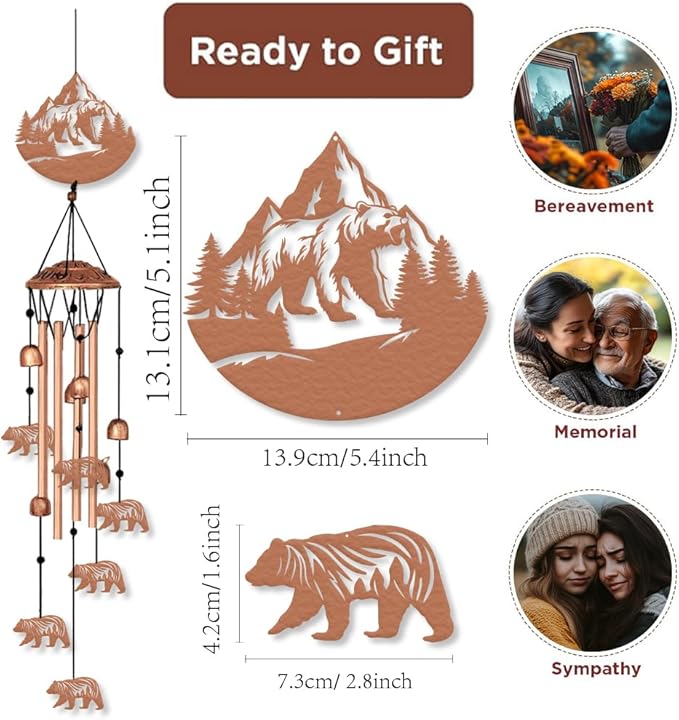 ORIGACH Rustic Bear Wind Chimes Metal Wind Chimes for Outside Gifts for Women Mom Grandma Deep Tone Suitable for Outdoor, Indoor, Balcony, Garden, Courtyard, Porch, 33.46-Inch Long