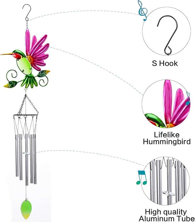 Taman Wind Chime for Outside - Hummingbird Wind Chimes for Outside Aluminum Tubes Decorative Memorial Gift, for Home, Outdoor, Yard, Patio,Garden Decor