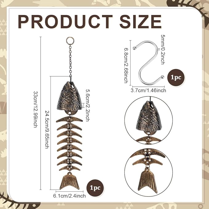 PH PandaHall Fish Skeleton Wind Chime 13" Fish Windchime Iron Fishbone Wind Chime Vintage Metal Windchime Door Hanging Bells for Outdoor Home Garden Yard Decoration Gift, Antique Bronze