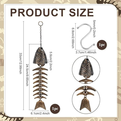 PH PandaHall Fish Skeleton Wind Chime 13" Fish Windchime Iron Fishbone Wind Chime Vintage Metal Windchime Door Hanging Bells for Outdoor Home Garden Yard Decoration Gift, Antique Bronze