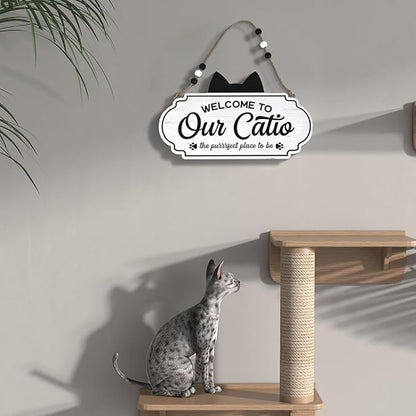 All Chic Catio Accessories Cat Sign Welcome to Our Catio Sign Front Door Sign for Cat Decor Wooden Sign for Black Cat Decor,Gifts for Cat Lovers