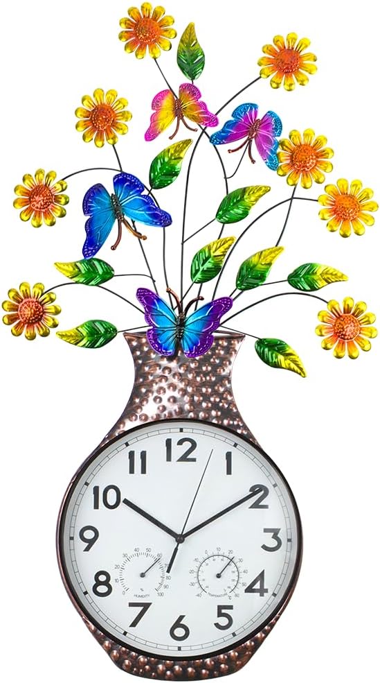 Large Outdoor Clock with Thermometer & Humidity - Silent Non-Ticking Sun Outdoor Wall Clock for Patio, Garden, Kitchen, Living Room(Silver)