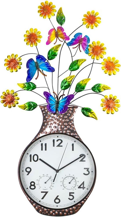 Large Outdoor Clock with Thermometer & Humidity - Silent Non-Ticking Sun Outdoor Wall Clock for Patio, Garden, Kitchen, Living Room(Silver)
