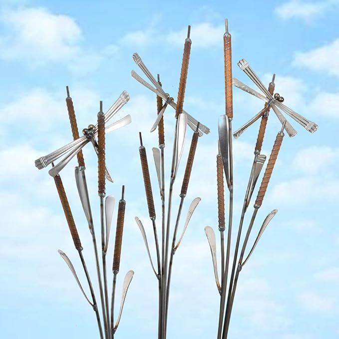 Modern Artisans American Made Rusty Cattails Garden Stake and Upcycled Flatware Sculpture with Dragonfly, 34"