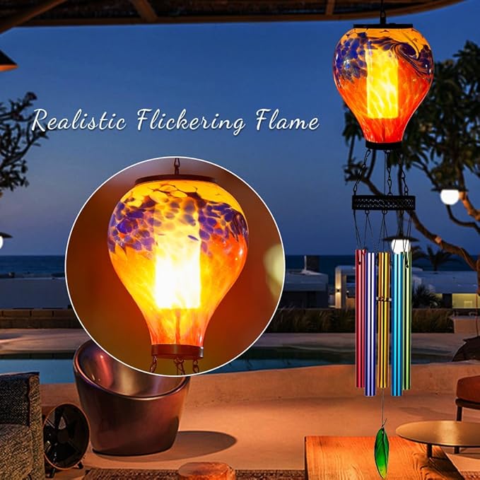 Starsoul Solar Wind Chimes for Outside, Colorful Hot Air Balloon Wind Chime with Flickering Flame, Outdoor Glass Windchimes Garden Decor, Gift for Mother's Day
