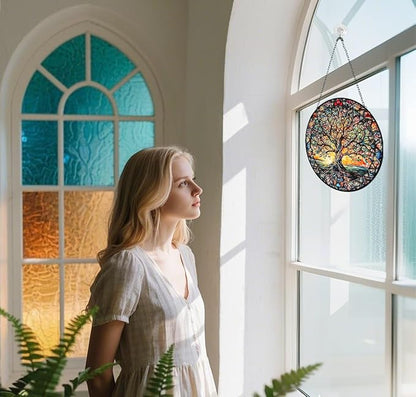 Tree of Life Suncatcher Indoor/Outdoor Stained Glass Window Hanging - Handmade Stained Glass Suncatchers for Windows Hanging - Decoration for Home Garden Christmas Party Wedding Housewarming Gifts