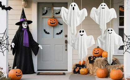 4 Pack Halloween Hanging Ghost Decorations, 27.5" Light Up Spooky Floating Ghosts with Blue LED, Outdoor & Indoor Haunted House, Porch, Yard, Party Decor, Patio Lawn Garden