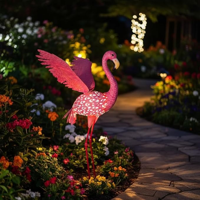 43" Metal Flamingo Garden Sculptures with Solar Light, Pink Flamingo Yard Art - Large Outdoor Lawn Ornaments & Decor for Patio, Backyard, Garden