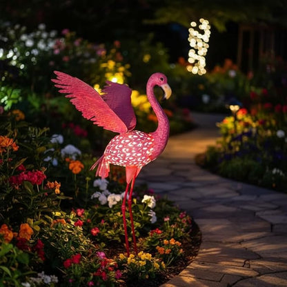 43" Metal Flamingo Garden Sculptures with Solar Light, Pink Flamingo Yard Art - Large Outdoor Lawn Ornaments & Decor for Patio, Backyard, Garden