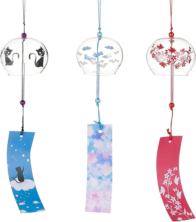BENECREAT 3Pcs Japanese Glass Wind Chime, Handmade Wind Bells with Red/Blue/Black Pendants for Home Garden Decor, Birthday Gift