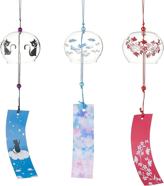 BENECREAT 3Pcs Japanese Glass Wind Chime, Handmade Wind Bells with Red/Blue/Black Pendants for Home Garden Decor, Birthday Gift